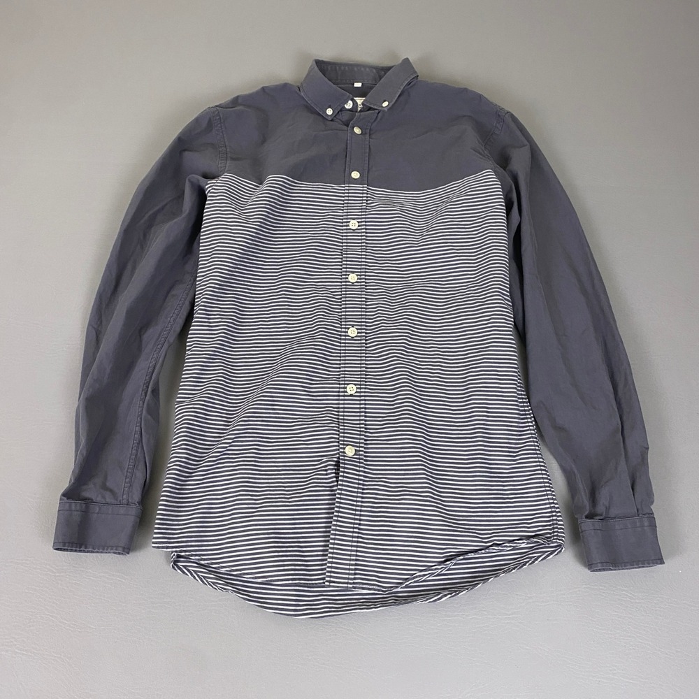 Frank & Oak Button Up Shirt Mens Small Gray White Striped Colorblock Long Sleeve